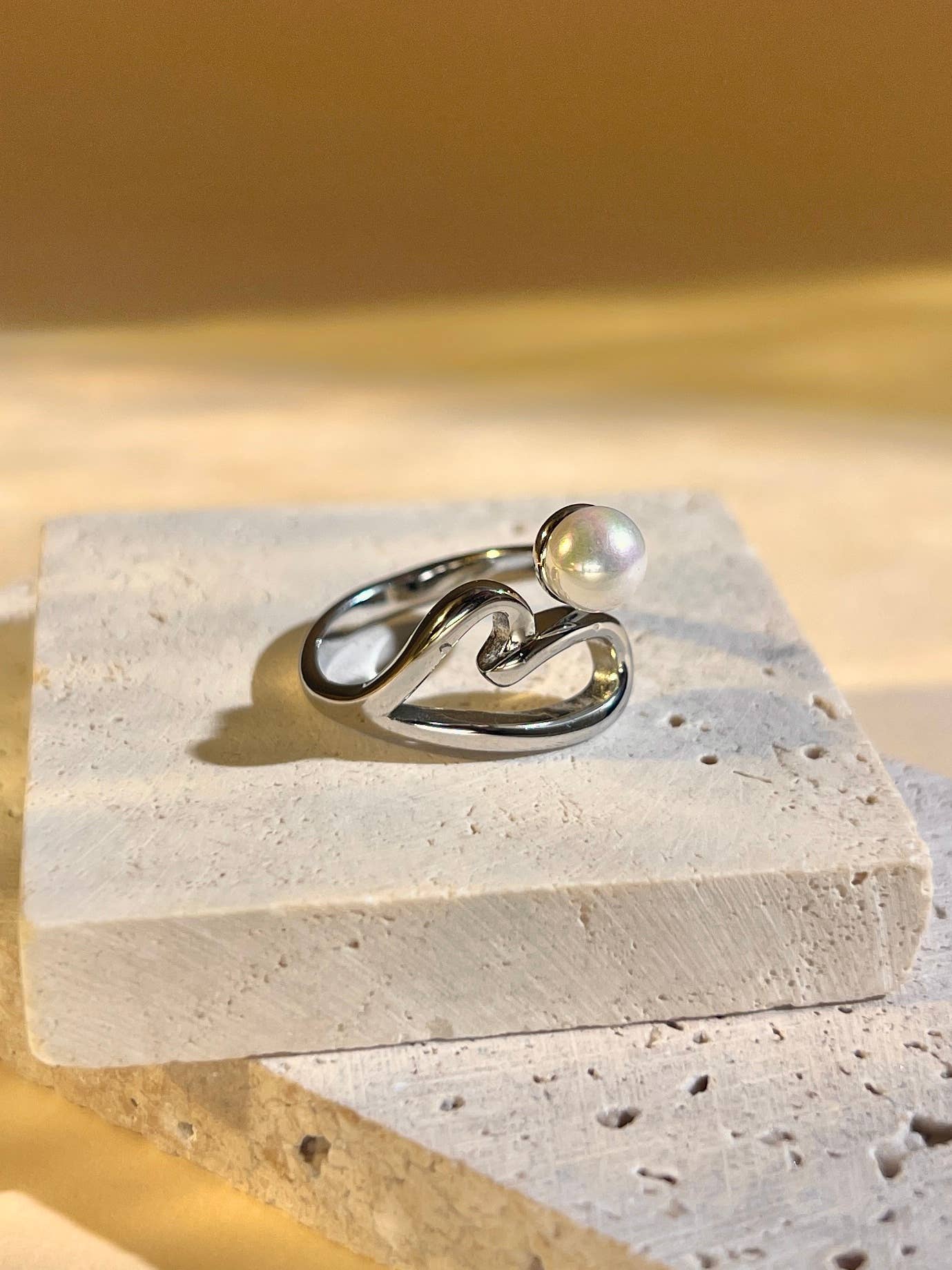 Bague Acier Inoxydable Cœur avec Perle Ajustable