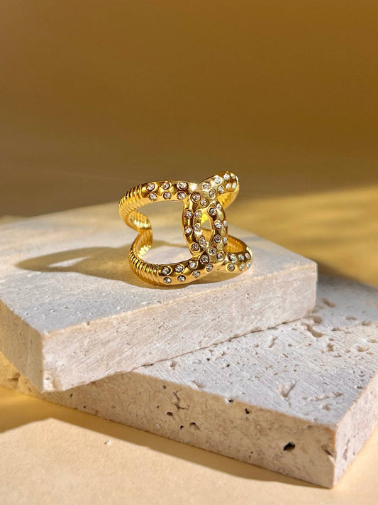 Bague acier inoxydable avec strass brillant doré