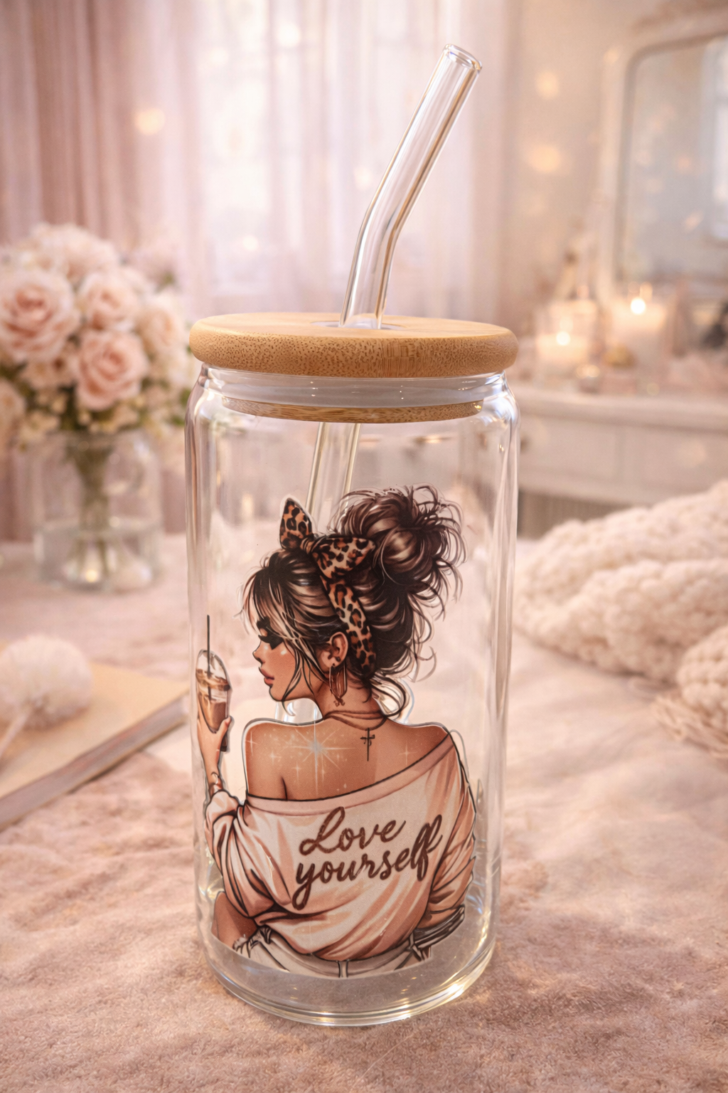 VERRE ILLUSTRÉ AVEC PAILLE Girl power Love Yourself