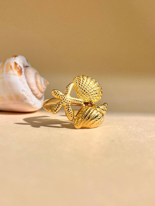 Bague acier inoxydable ajustable coquillage étoile de mer