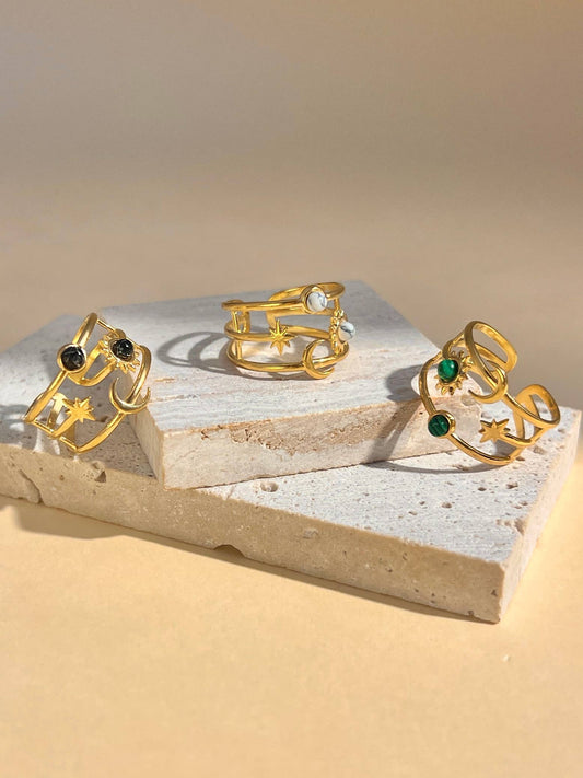 Bague réglable Lune, Étoile & Soleil avec pierre