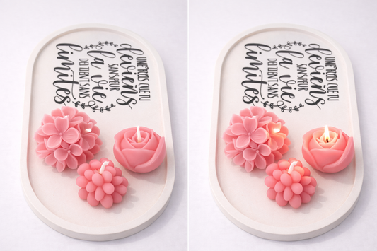 Plateau résine et ses 3 bougies fleurs