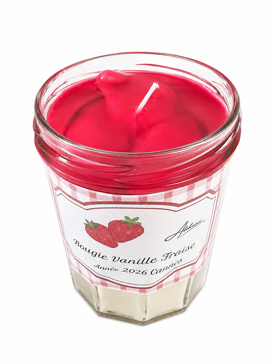 Bougie gourmande Fraise–Vanille – Pot façon confiture