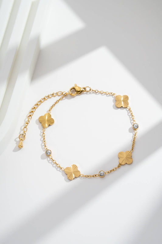 Bracelet acier inoxydable trèfle doré cristaux scintillants