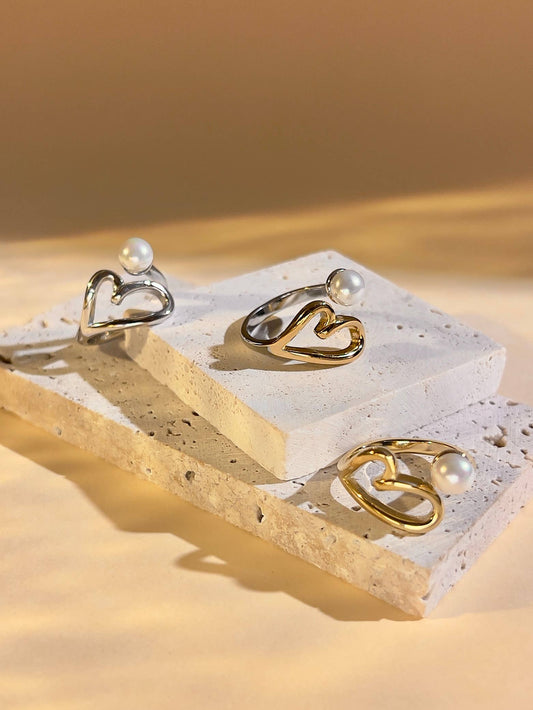 Bague Acier Inoxydable Cœur avec Perle Ajustable